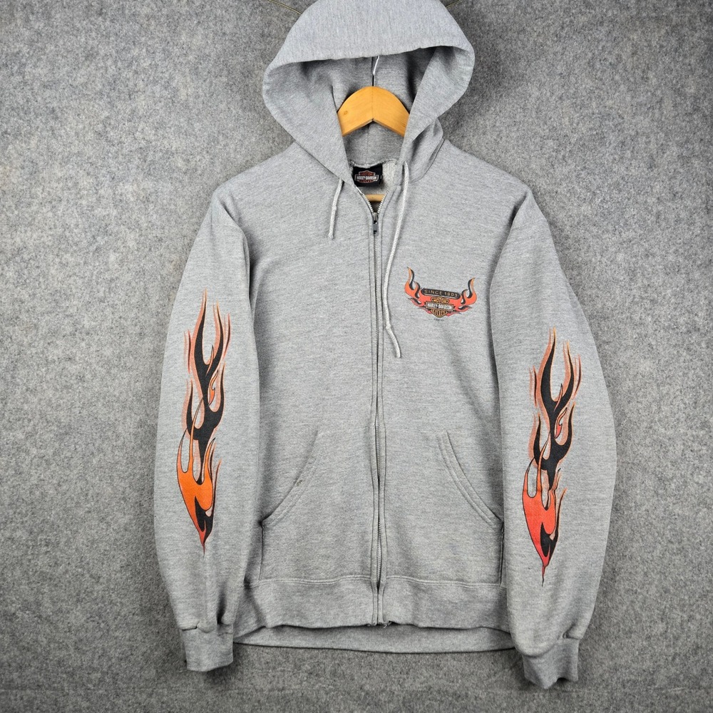 Vintage Harley Davidson Zip Hoodie Mens M Gray Flame Sleeve Eagle Wisconsin Y2K